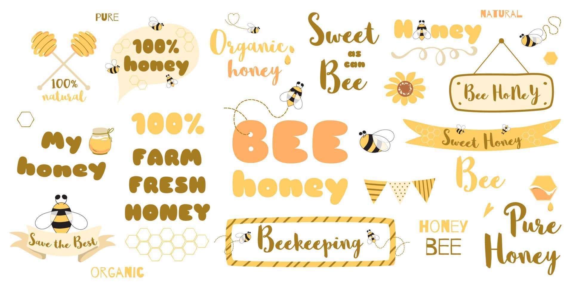 honig text set biene wörter sätze typografie zitate gelb wabenrahmen band dachte überschrift. süße handgezeichnete süße designelemente. Bienenzucht. süße honigsetillustration. Honigsammlung. vektor