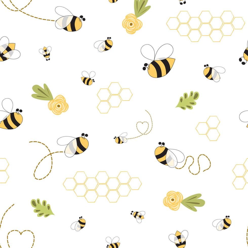 biene honig nahtloses muster niedlich handgezeichnete kinder textildesign sommer wiese blume biene wabe hintergrund junge mädchen tuch stoff vorlage natürlich tapete hummel illustration gelb weiß farbe. vektor