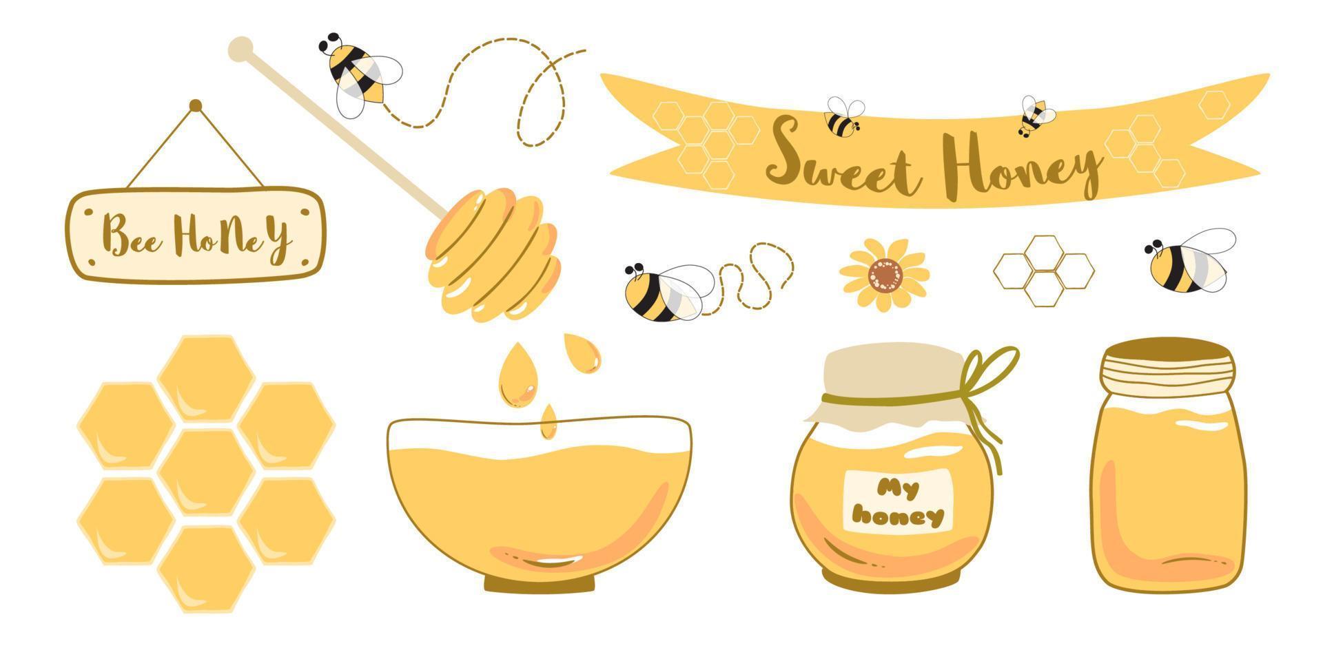 Honigglas-Set Biene Honigschale Holzlöffel Wildblumen Glasgefäße mit Honig, Tropfen. text süßer honig auf band. Gelbe Designelemente für gesunde Lebensmittel isoliert auf Weiß. süße honigillustration. vektor