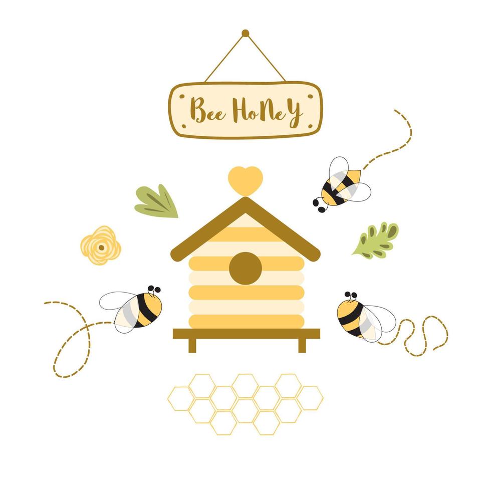 Biene Honig Honig Etikettendesign. Konzept für Bio-Honigprodukte, Verpackungsdesign. süßer gelber Bienenstocktext. drucken blumen dekor waben hand gezeichnete cartoon-stil haus imkerei sommer illustration. vektor