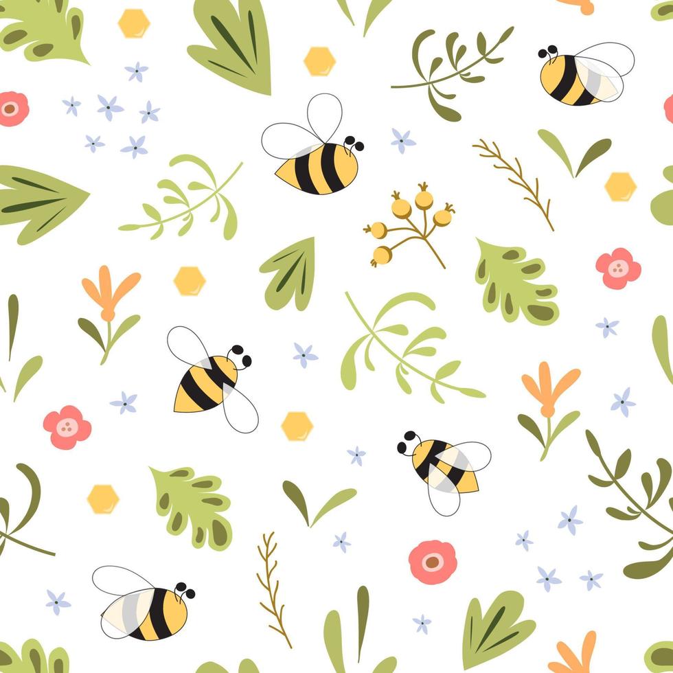 Kräuternahtloses Muster mit Insekten Bienengrün Kraut Sommerzeit Hintergrund. natur organisches design ökologisches wildes muster botanischer druck textildesign grüne illustration endlose niedliche bienenverzierung. vektor