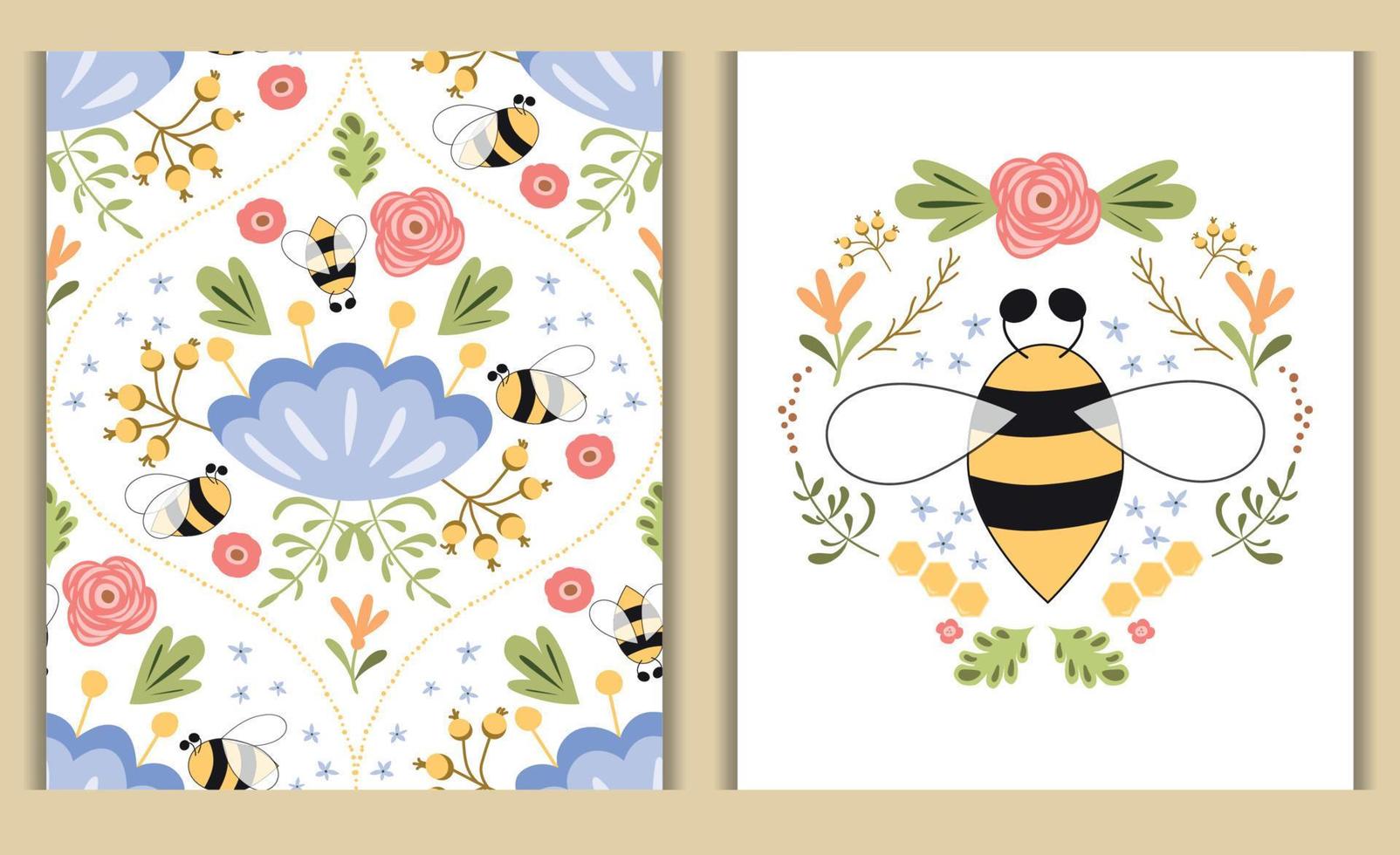 Naturkartenset. Bienenhonigblumen drucken für Kosmetikladendesign schöne Sommerillustrations-Blumensammlung. süße handgezeichnete Blume. natürlicher botanischer Hintergrund. Damast-Blumendruck. Bienenkarte. vektor