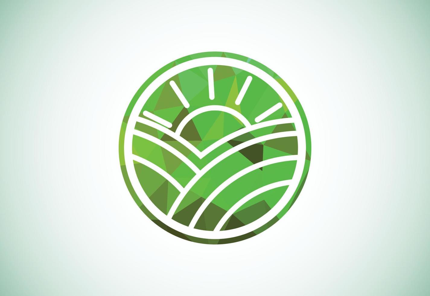 landwirtschaftsfeld mit sonne low poly style logo zeichen symbol. Logo-Design-Vorlage für die Landwirtschaft vektor