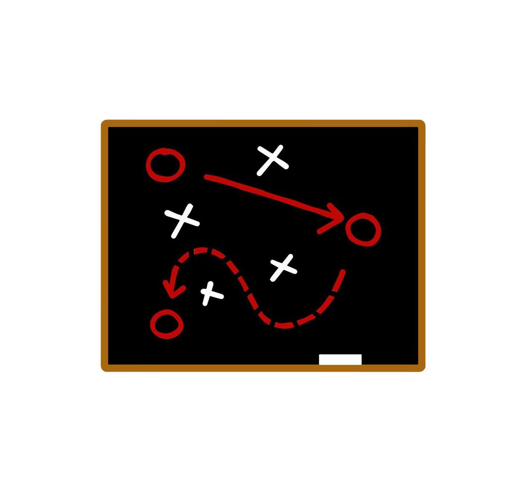 Sporttaktiken und -strategien auf der Tafel. Bewegungsschema des Teamplayers. Kombination aus Kreuzen und Kreisen mit Pfadpfeilen auf der Tafel. Pitchball-Anweisungen vektor