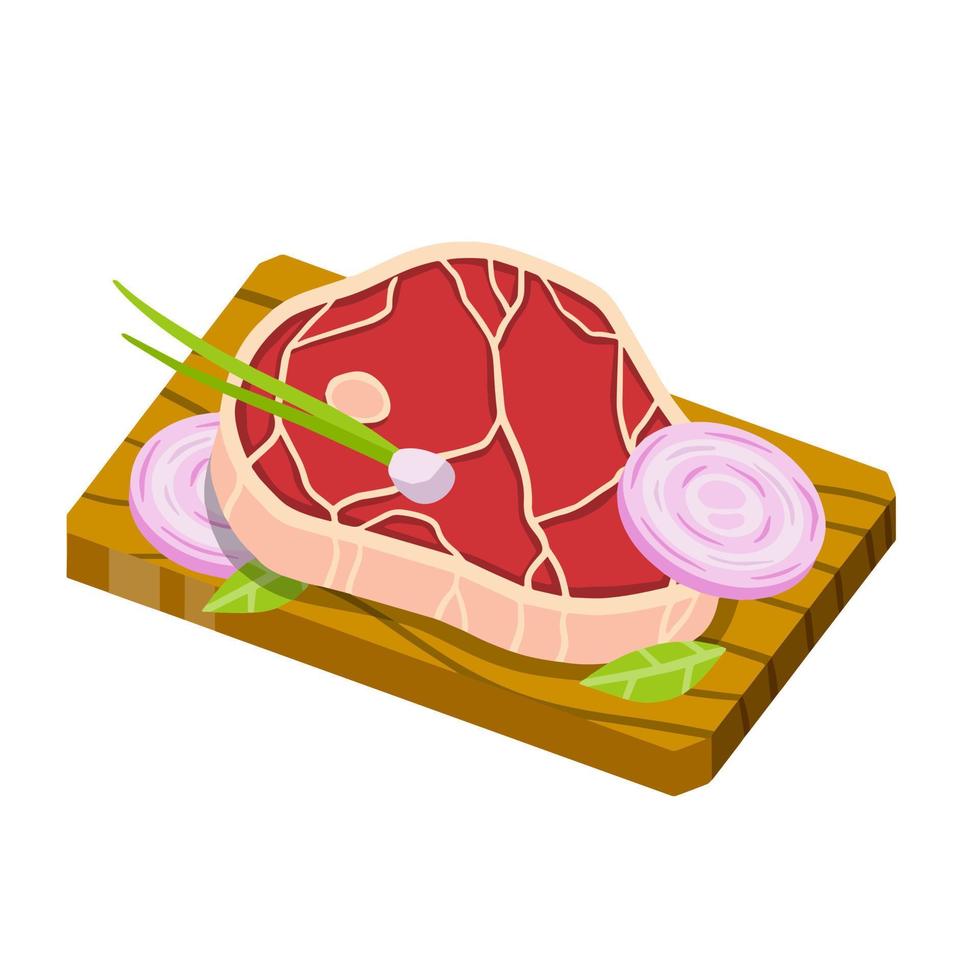 Stück rohes Fleisch auf Schneidebrett. Koteletts und Zutaten. Küchen- und Restaurantelemente. frisches Rind- und Schweinefleisch. flache karikaturillustration. Essen zubereiten vektor