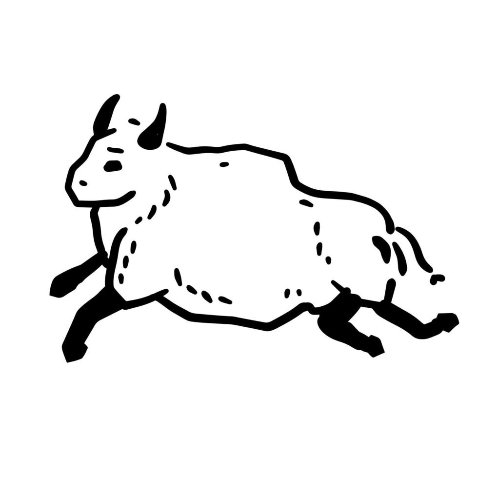 Rock Kunst. Zeichnung eines Stiers oder Ochsen. primitive Stammeskarikatur. Laufendes Tier. Schwarz-Weiß-Gekritzel vektor