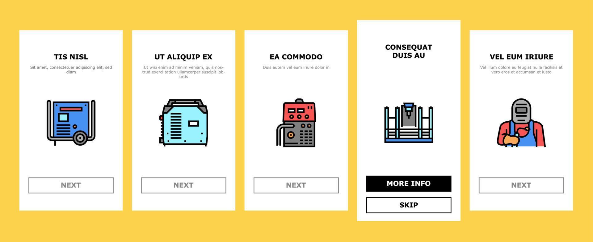 svetsning maskin verktyg onboarding ikoner uppsättning vektor