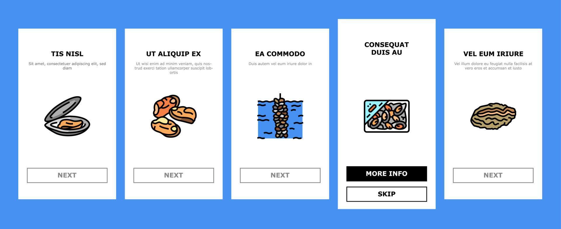 muschel marine meeresfarm ernährung onboarding symbole set vektor