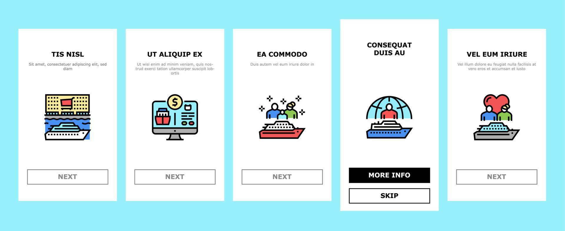 kryssning fartyg semester njutning onboarding ikoner uppsättning vektor