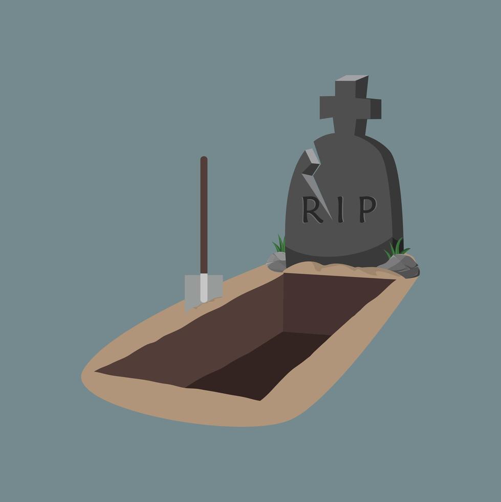 öppen grav och gravsten med hacka vektor