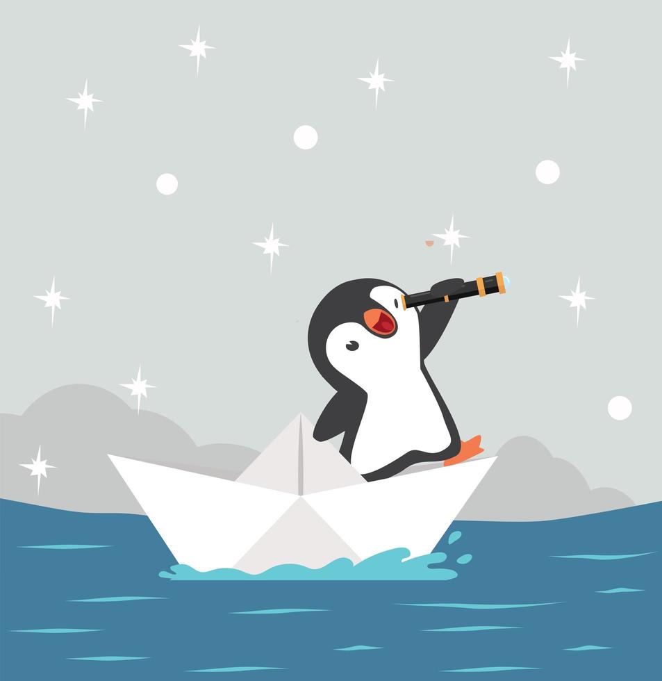 Pinguin mit Fernglas auf Papierboot auf Papierboot vektor