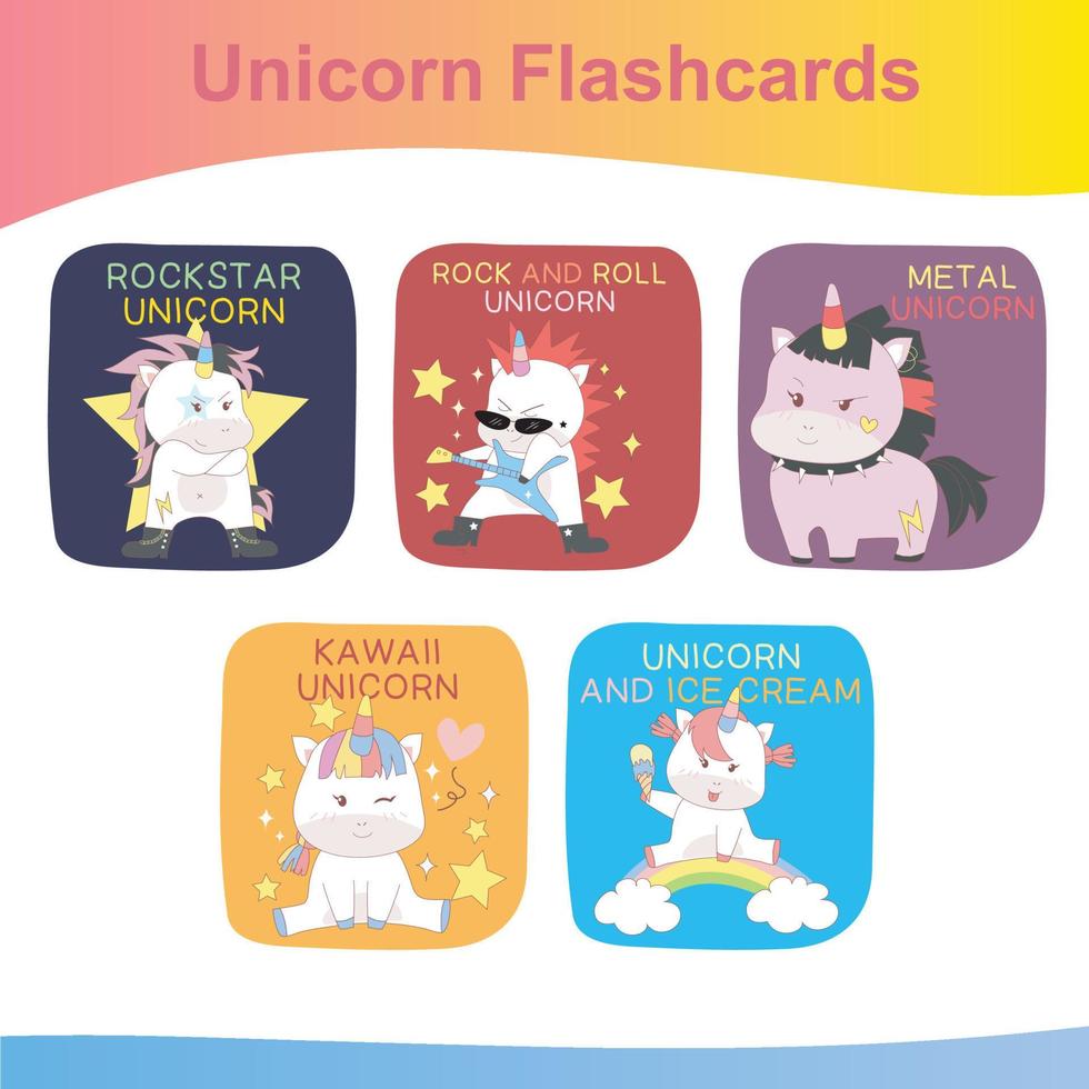 enhörning flashcards för barn. söt flashcards för barn. unicorns samlingar flashkort. tryckbar spel kort. vektor illustration.