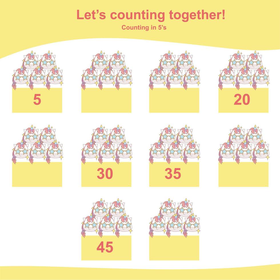 Zählspiel Einhorn für Kinder. Mathematisches Arbeitsblatt multiplizieren. pädagogisches druckbares matheblatt. Vektordatei. vektor