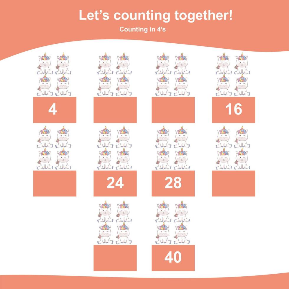 Zählspiel Einhorn für Kinder. Mathematisches Arbeitsblatt multiplizieren. pädagogisches druckbares matheblatt. Vektordatei. vektor