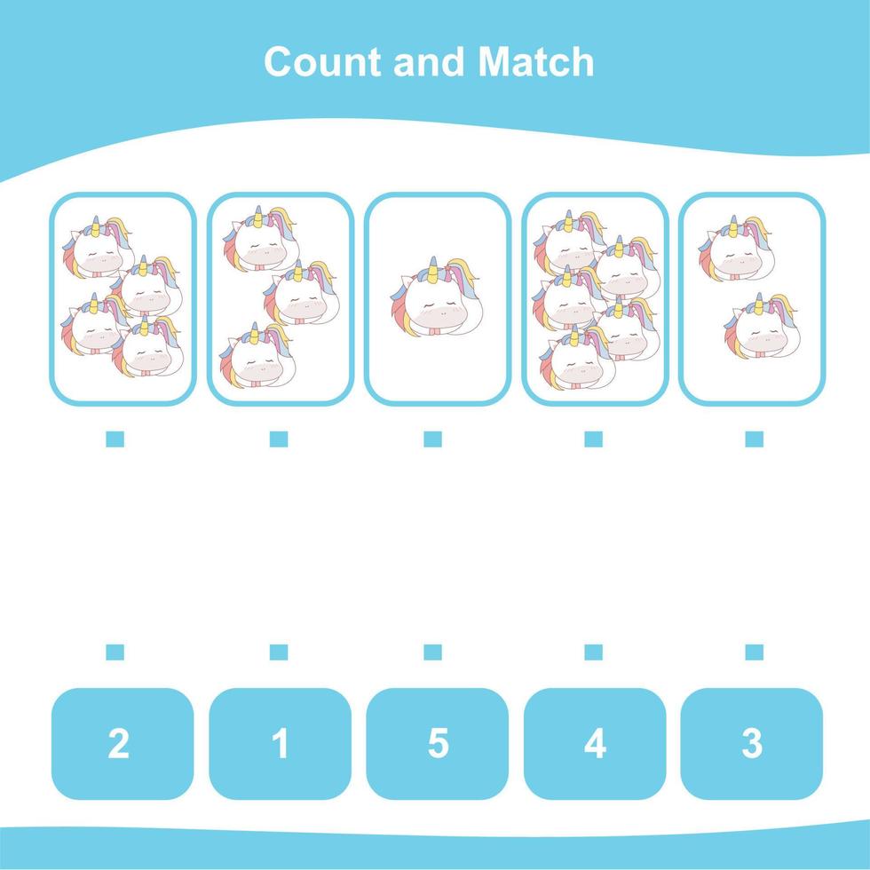 räkna och match arbetsblad. räkning spel. matematik kalkylblad för barn. matchande bilder med tal. pedagogisk tryckbar matematik arbetsblad. vektor illustration.