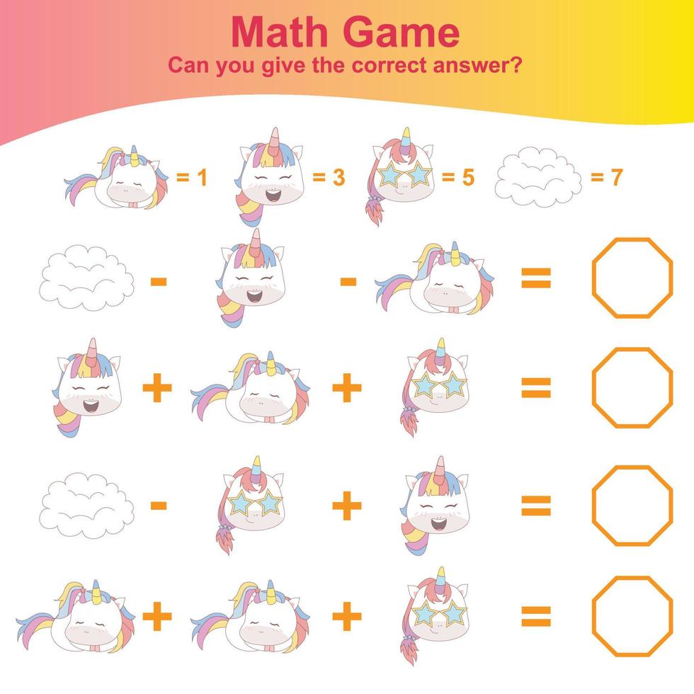 Zählspiel Einhorn für Kinder. Aktivität zum Zählen und Schreiben von Antworten für Kinder. pädagogisches druckbares mathe-arbeitsblatt. Vektordatei. vektor