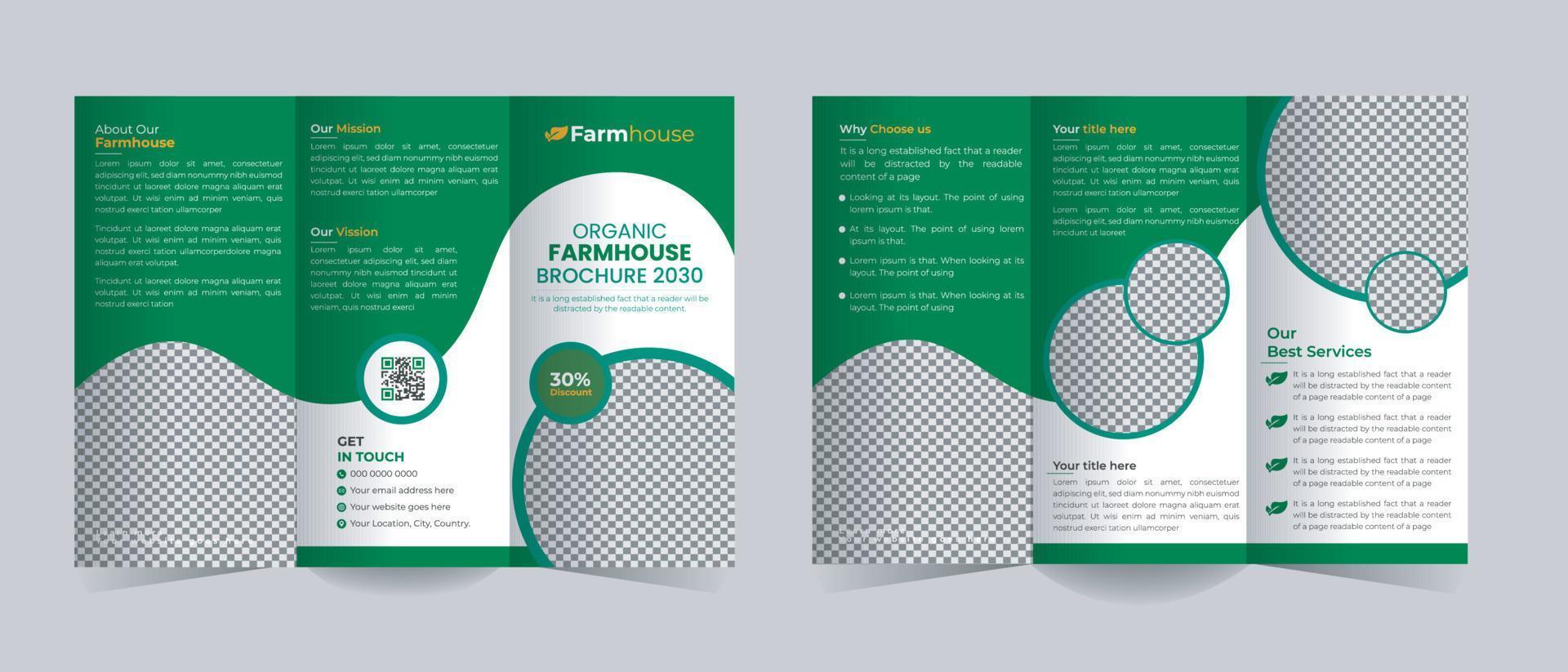 Trifold-Broschürenvorlage für Biobauernhöfe oder Vektorlayout für Landwirtschaftsbroschürenvorlagen, grüne Umgebung Flyer-Vorlagendesign Trifold-Broschürenvorlage für Bio-Bauernhofprodukte vektor