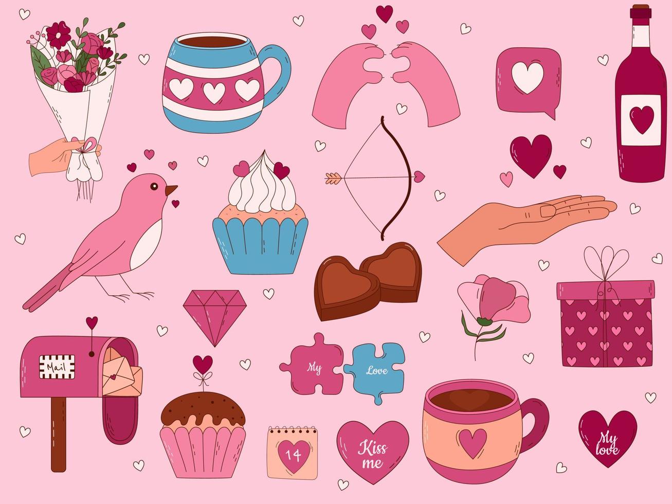 valentinstag handgezeichnete elemente für poster, grußkarten, banner und einladungen. Großes Herz, Süßigkeiten, Kaffee, Cupcake, Schlüssel, Süßigkeiten, Brief, Diamant, Blume, Geschenk, Ballon, Kuss vektor