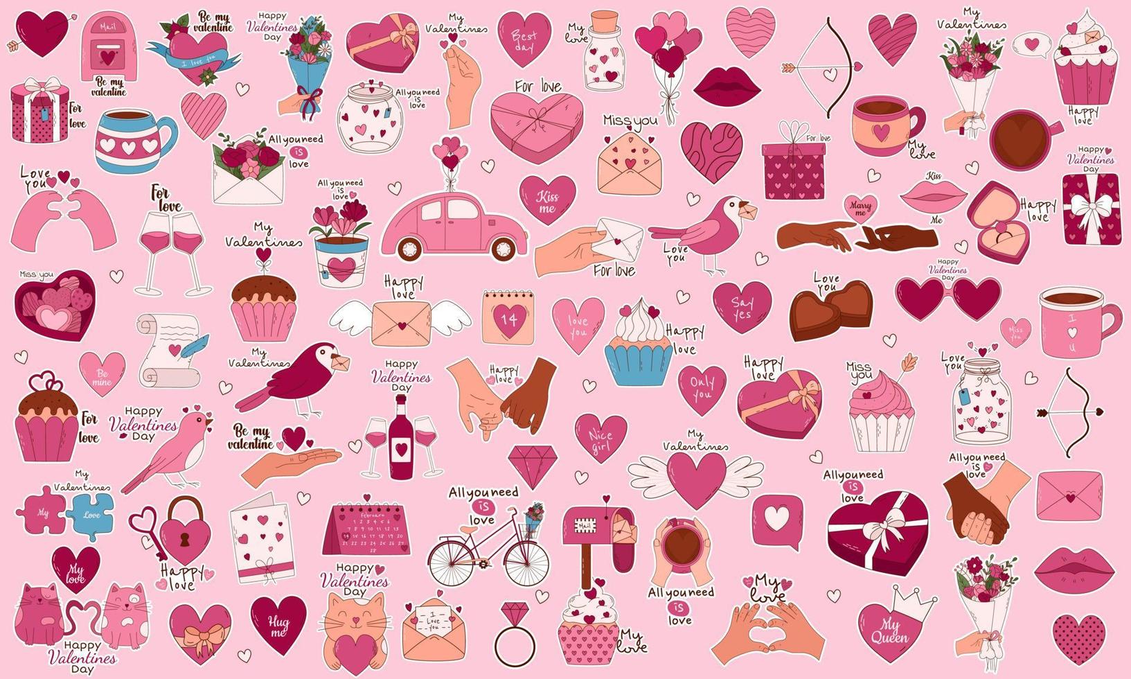 valentinstag handgezeichnete elemente für poster, grußkarten, banner und einladungen. großes Aufkleberset aus Herz, Süßigkeiten, Kaffee, Cupcake, Schlüssel, Süßigkeiten, Brief, Diamant, Blume, Geschenk vektor