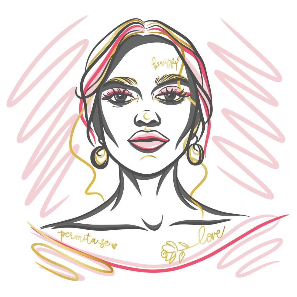 Modeporträt eines Mädchens in Grafiken, mit Elementen aus Gold, rosa Farben, Make-up vektor