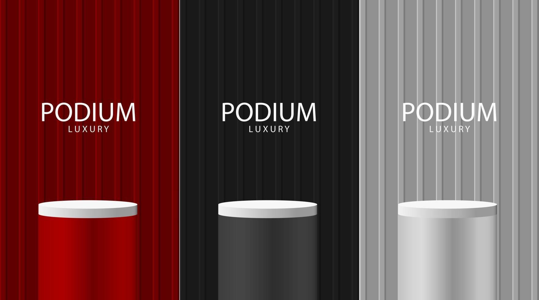 Satz von roten, schwarzen, grauen und weißen realistischen 3D-Zylinderständer-Podiumskollektionsdesigns für minimale Wandszenenprodukte des Studioraums präsentieren Werbeanzeigevektor vektor