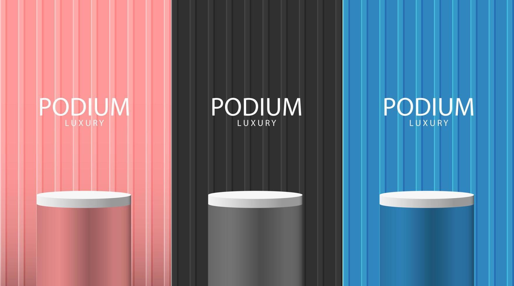 satz von rosa, schwarzem, blauem und weißem realistischem 3d-zylinderständer-podium-sammlungsdesign für minimale wandszenenprodukte des studioraums präsentieren werbeanzeigevektor vektor