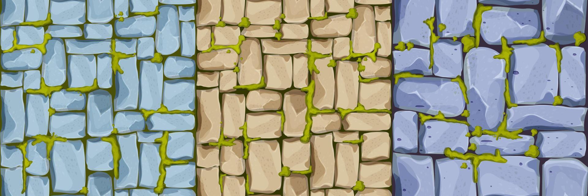 Set Steinmauer, Pflaster aus Ziegeln, Felsen mit Moos, Spielhintergrund im Cartoon-Stil, nahtlose strukturierte Oberfläche. ui-Spielobjekt, Straßen- oder Bodenmaterial. Vektor-Illustration vektor