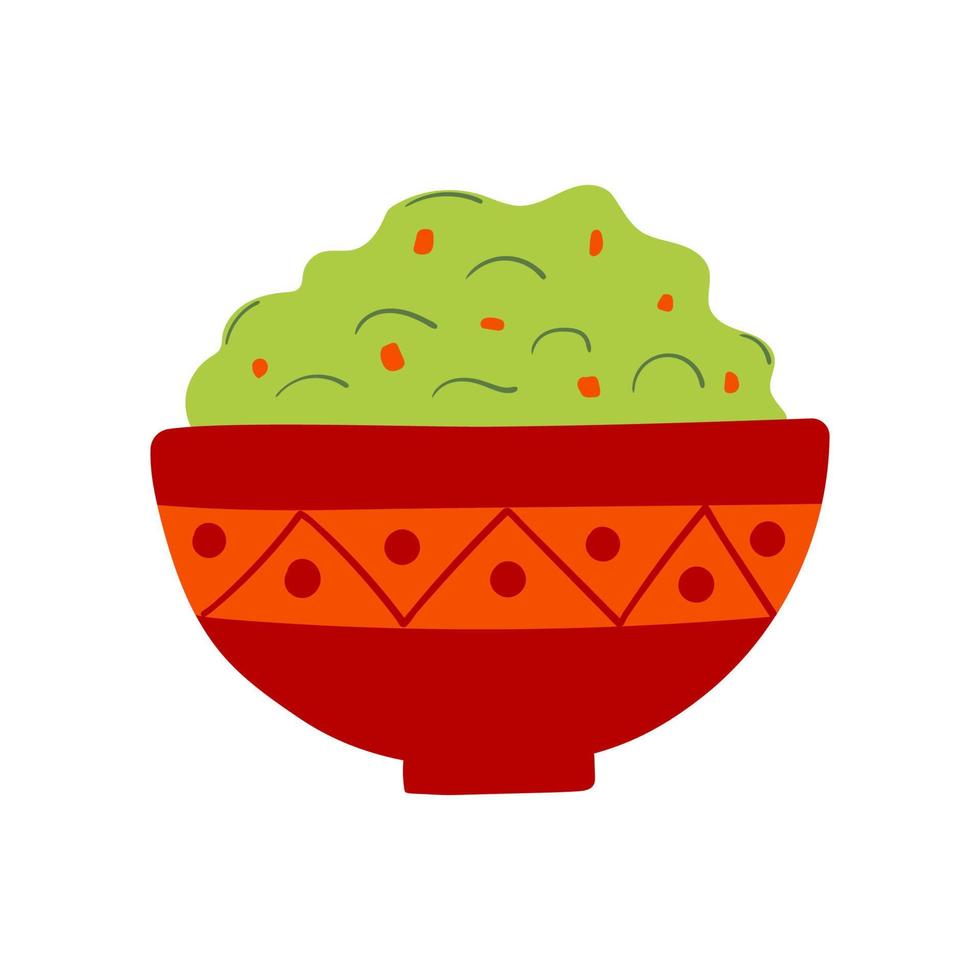 Guacamolein-Schüssel mit grüner Soße. traditionelle mexikanische Küche. flache vektorillustration vektor