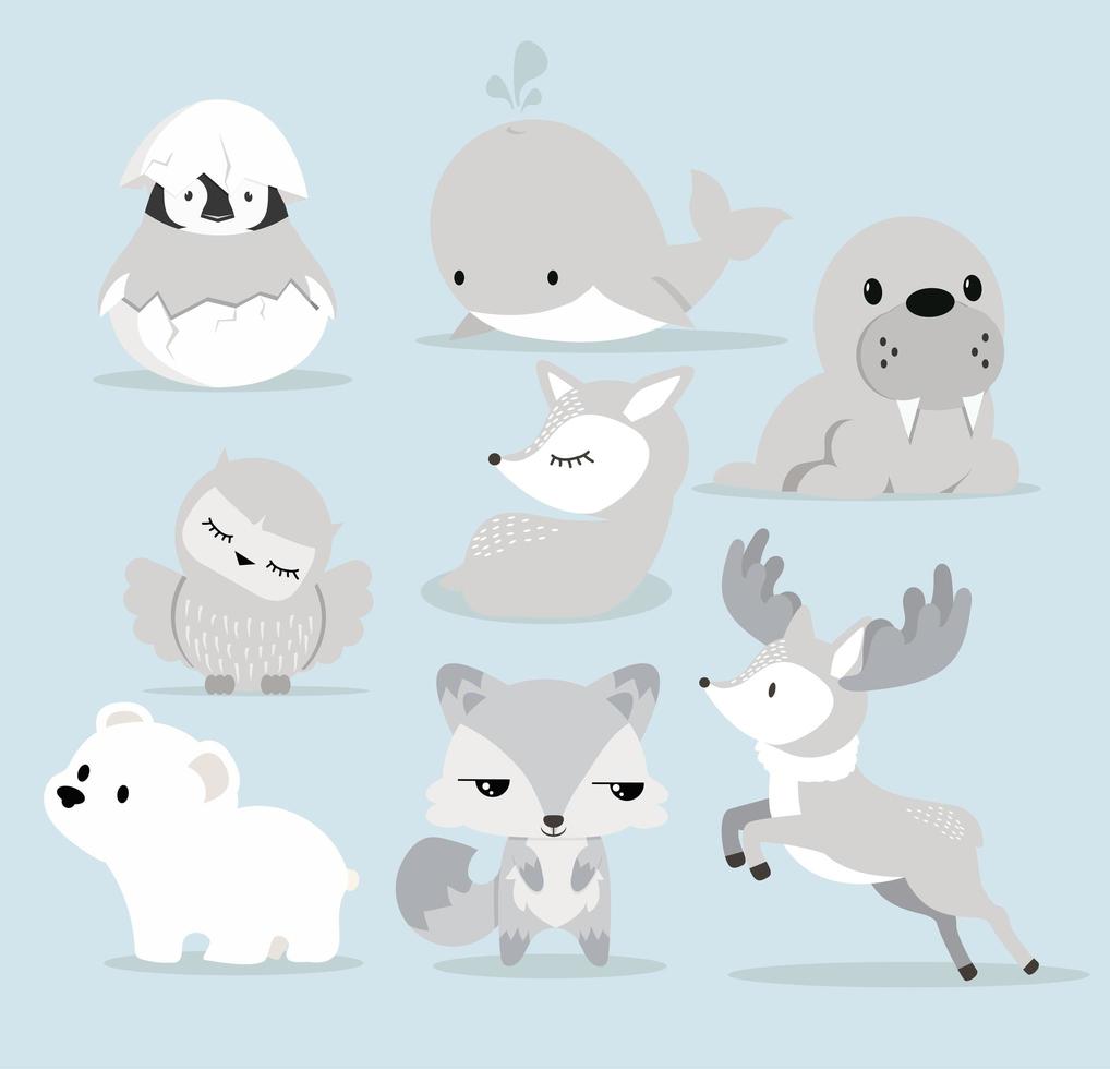 niedliche arktische Tierbabys im flachen Design-Set vektor