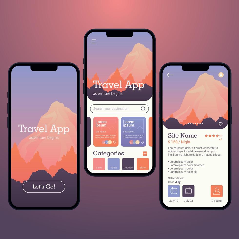 farbiger mobiler Reise-App-ui-Mockup-Vorlagenvektor vektor