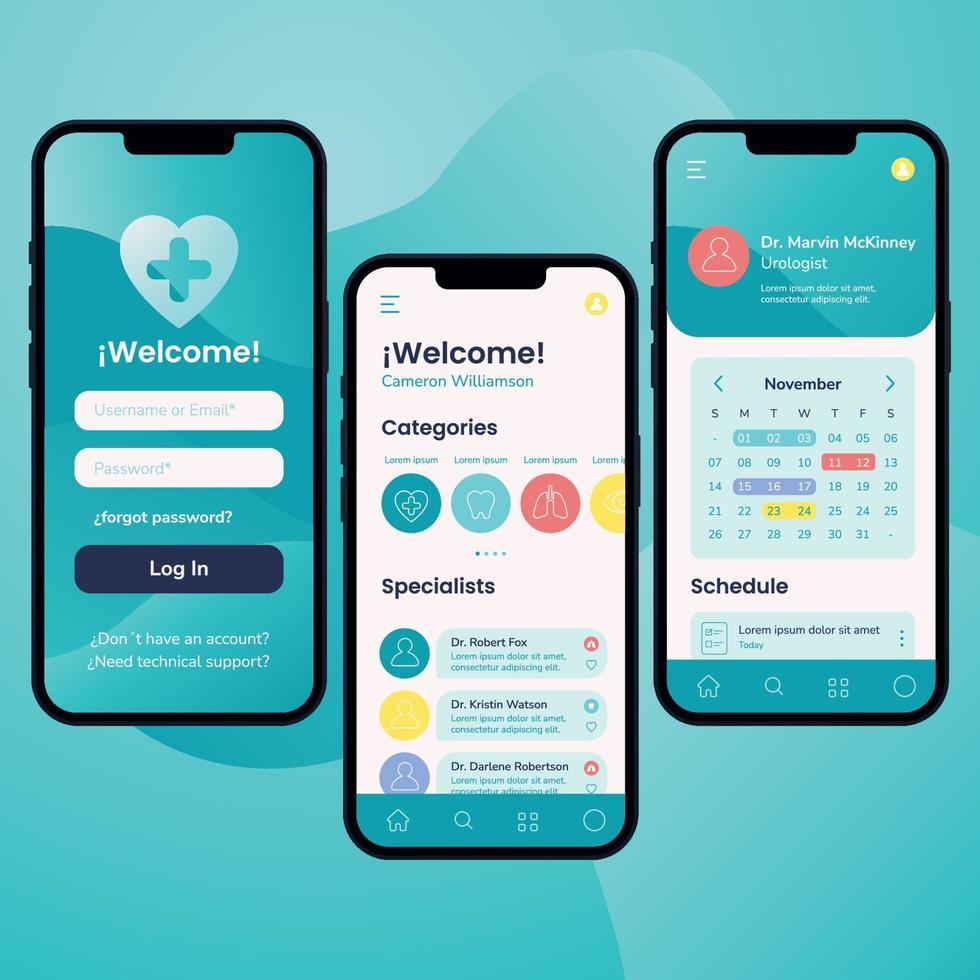 farbige Medizin mobile App ui Mockup Vorlagenvektor vektor