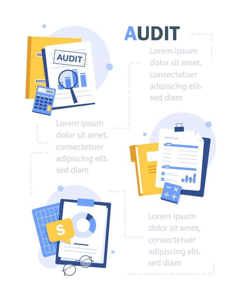 Prüfungskonzepte. Prüfer am Tisch während der Prüfung des Finanzberichts. Steuerverfahren. Forschung, Projektmanagement, Planung, Abrechnung, Analyse vektor