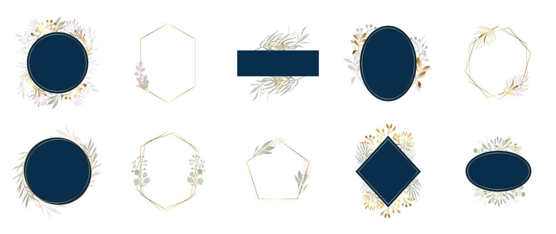 uppsättning av lyx bröllop ram element vektor illustration. vattenfärg botanisk blad gren krans med elegant gyllene geometrisk ram mall samling. design för inbjudan kort, affisch, baner.