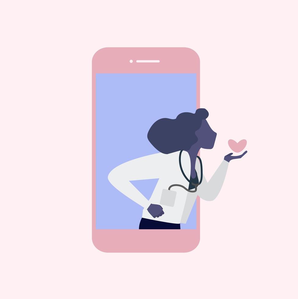 läkare kvinna på mobiltelefoner med hjärta vektor