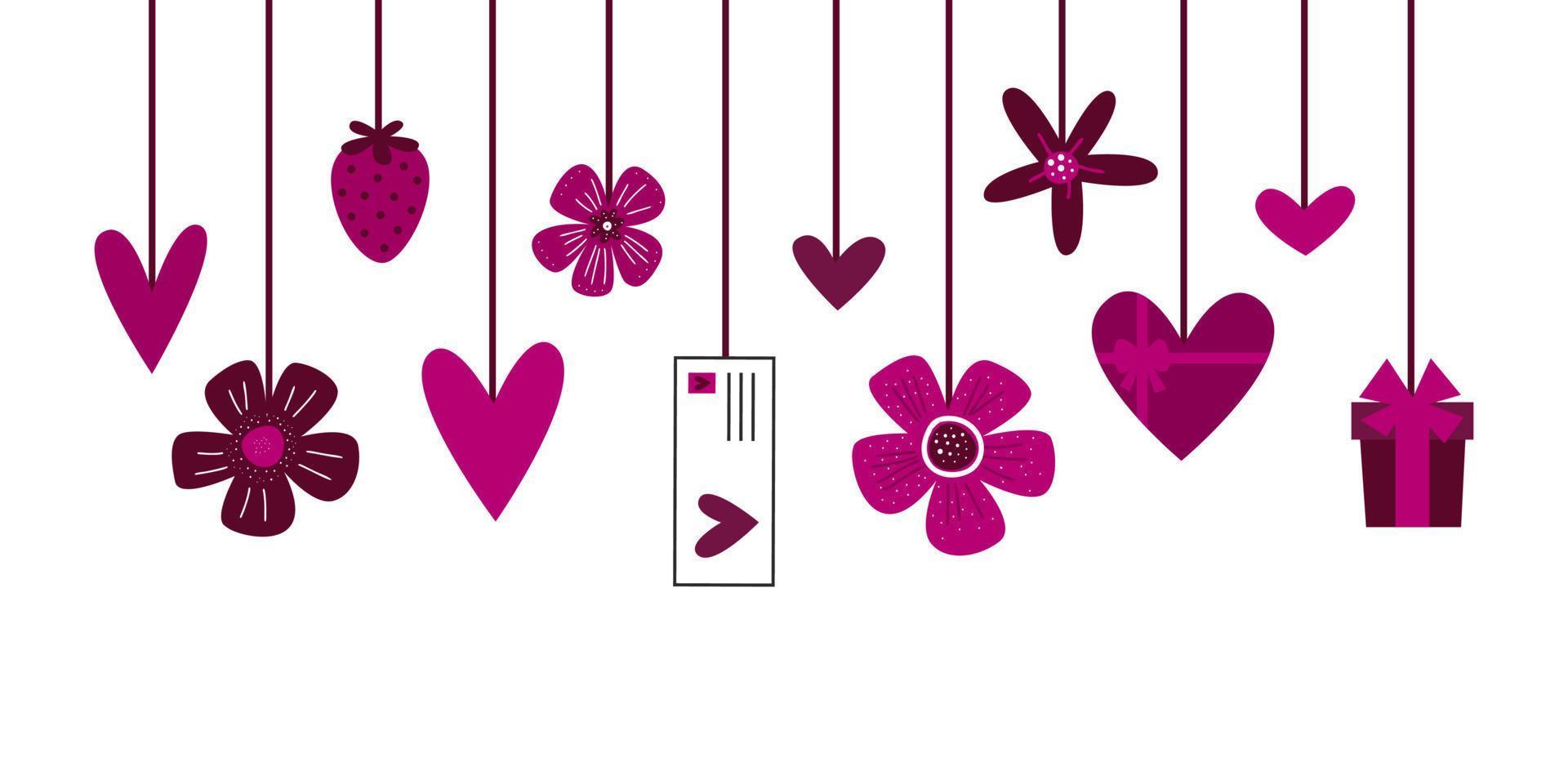 valentinstag romantisches banner mit herzen und blumen. obere obere Girlande mit hängenden Elementen für Karten und Webdesign. 14. Februar Feiertagsvektor. vektor