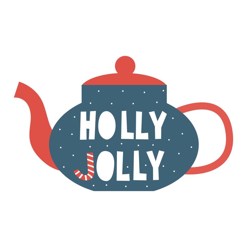 Holly Jolly Christmas Schriftzug Grußkarte mit Wünschen auf Teekanne. gemütliches winterkonzept. flache vektorillustration. vektor