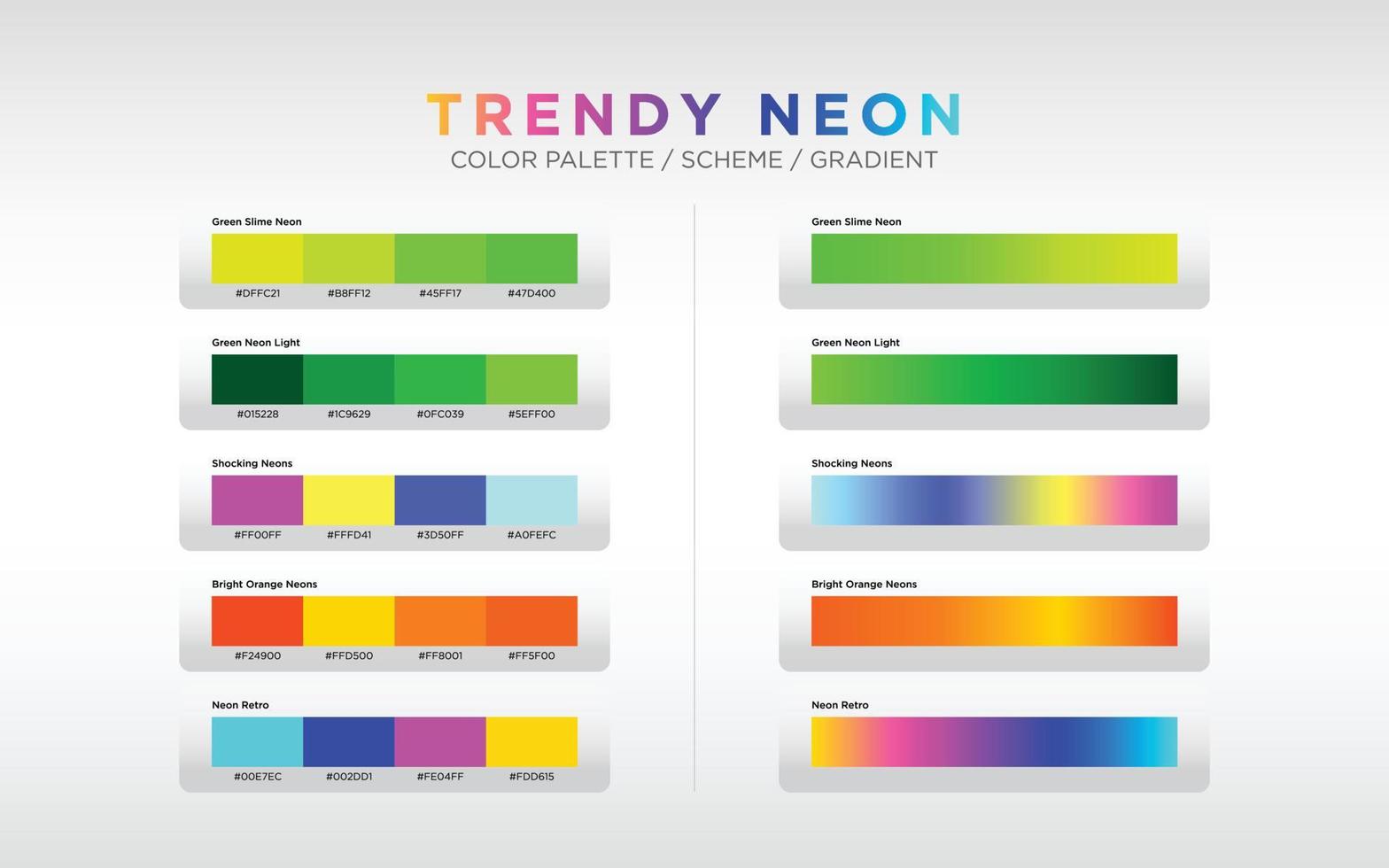 Neonfarbpaletten, Farbschemata und Farbverläufe. Reihe von bunten Farbverläufen. Vektordesign-Farbelemente für Ihr Design. vektor