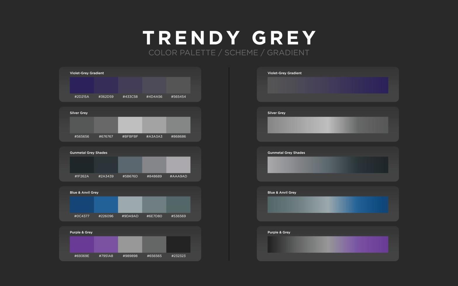 graue Farbpaletten, Farbschemata, Farbverläufe. satz moderner webdesign-farbelemente für grafiklayout, website-vorlage, ui-ux-design. vektor