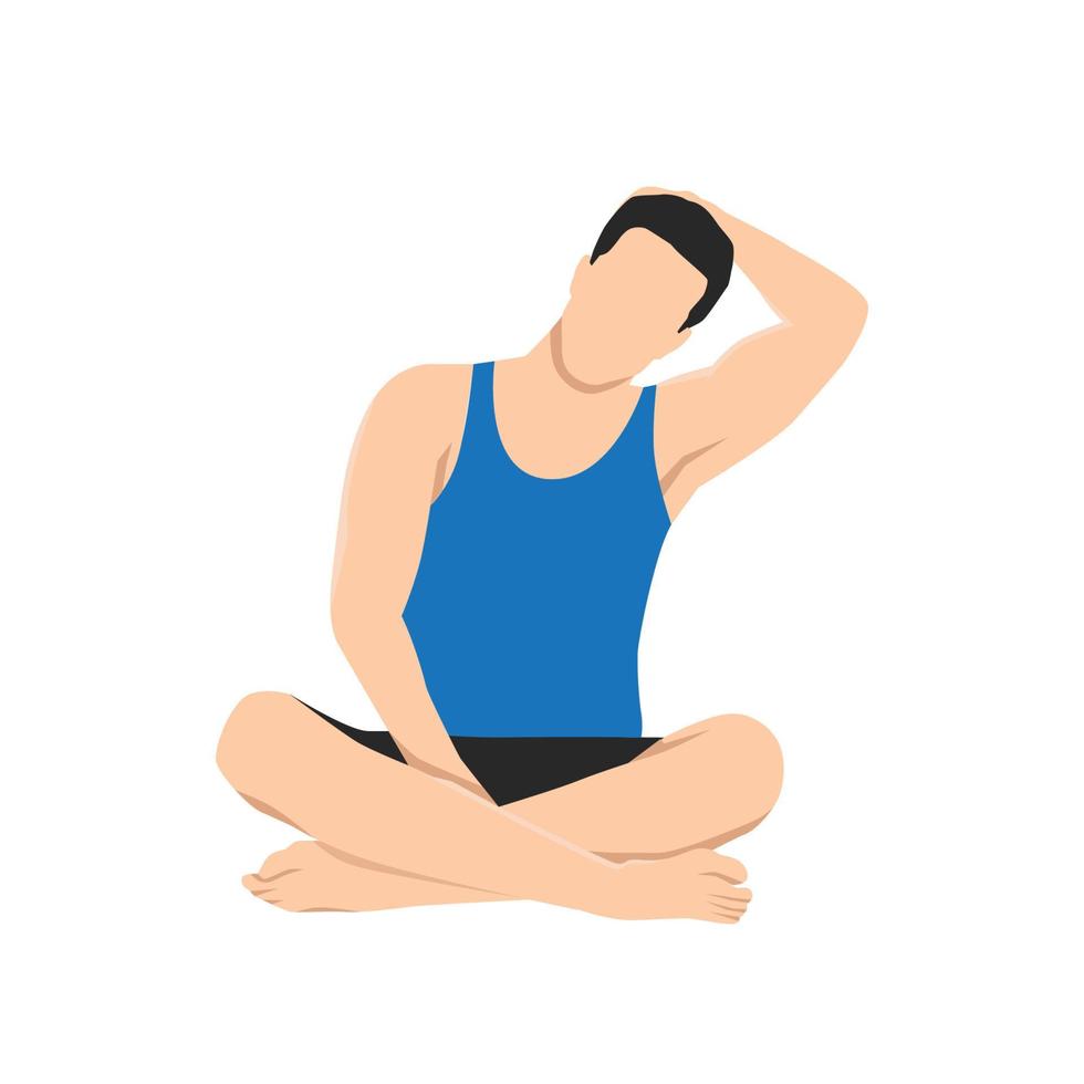 man håller på med mediterar och sittande stretching nacke till de sida. släpp nacke och axel spänning. platt vektor illustration isolerat på vit bakgrund.