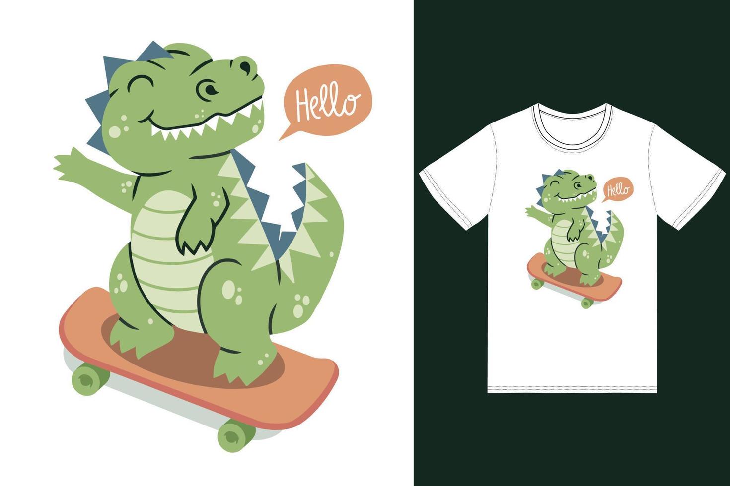 niedlicher dinosaurier, der skateboardillustration mit t-shirt design premium-vektor spielt vektor