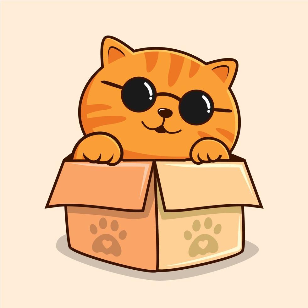randig orange katt i låda tecknad serie vinka hand - söt orange tabby fitta katt med glasögon Häftigt vektor