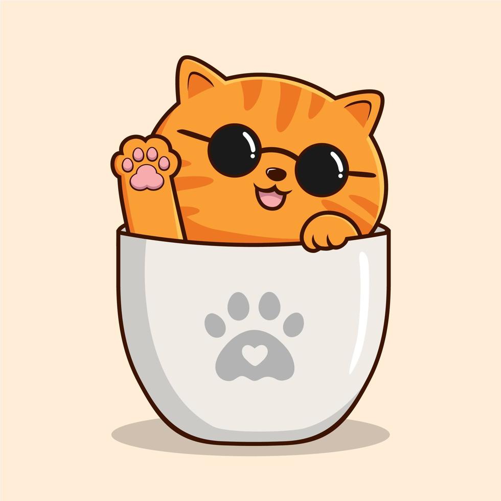 Tabby-Orange-Katze in der Tasse - süße gestreifte orangefarbene Katze, die Handpfoten mit Brille winkt vektor