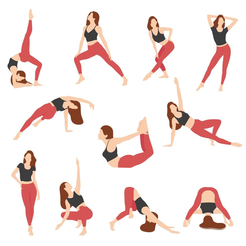 sportliche Mädchen-Vektor-Illustration. Reihe von Yoga-Posen. Mädchen dehnen. weiblicher sport, frauen in sportlicher kleidung flache vektorillustration vektor