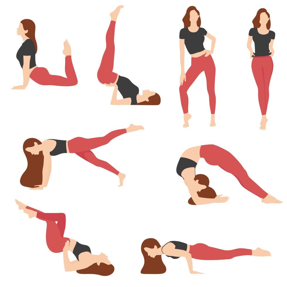 sportig flicka vektor illustration. uppsättning av yoga poserar. stretching flickor. kvinna sport, kvinnor i sportigt ha på sig platt vektor illustration