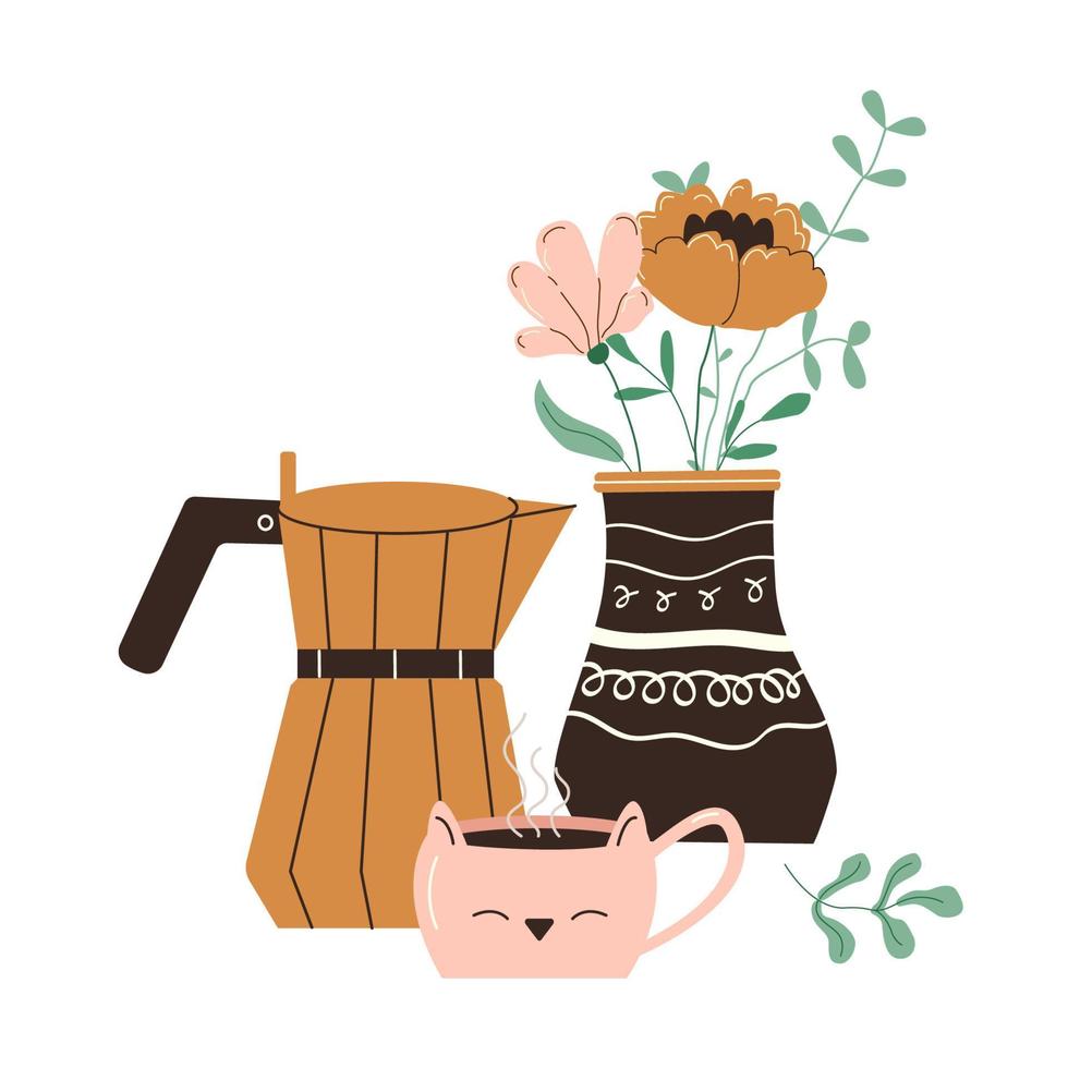 morgon- varm kaffe och vild blommor i vas sammansättning. arom dryck i söt kopp och blommig bukett i keramisk burk. färgad platt vektor illustration isolerat på vit bakgrund
