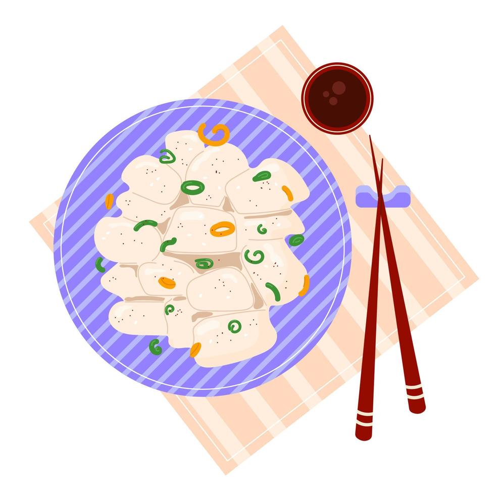 kammussla sashimi toppade med sesam frön, togarashi shichimi, grön lök och varm paprika. bukt kammusslor maträtt med soja sås och ätpinnar. asiatisk mat. färgad platt vektor illustration
