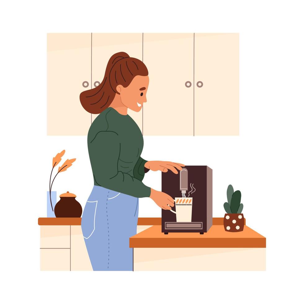 Lycklig kvinna framställning kaffe med maskin i kök på Hem. Söt flicka häller varm dryck för frukost. dagligen morgon- rutin. platt vektor illustration isolerat på vit bakgrund