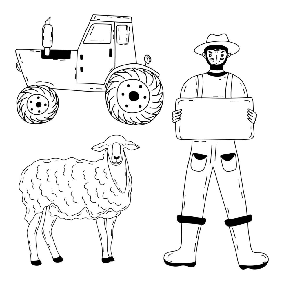 Bauernproteste mit Plakat, Traktor und Schafen. Vektor