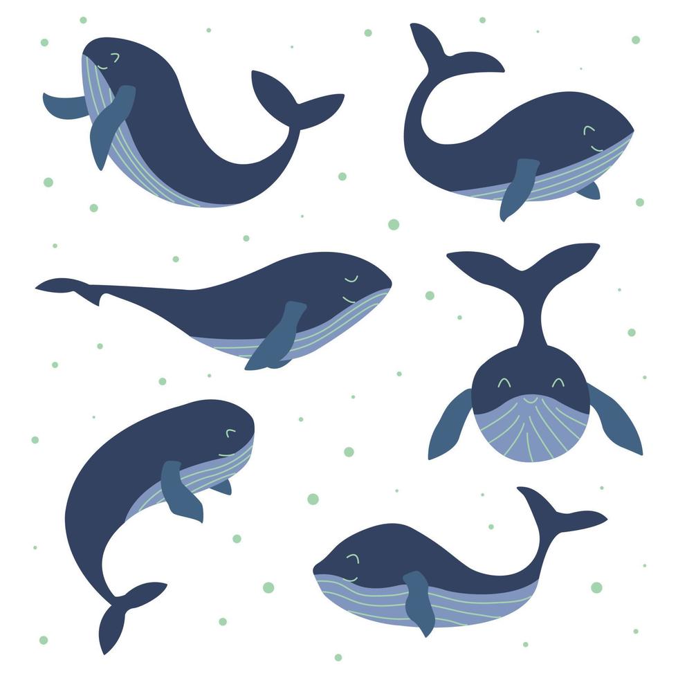 Set von süßen Lächeln Blauwalen. handgezeichneter Vektor