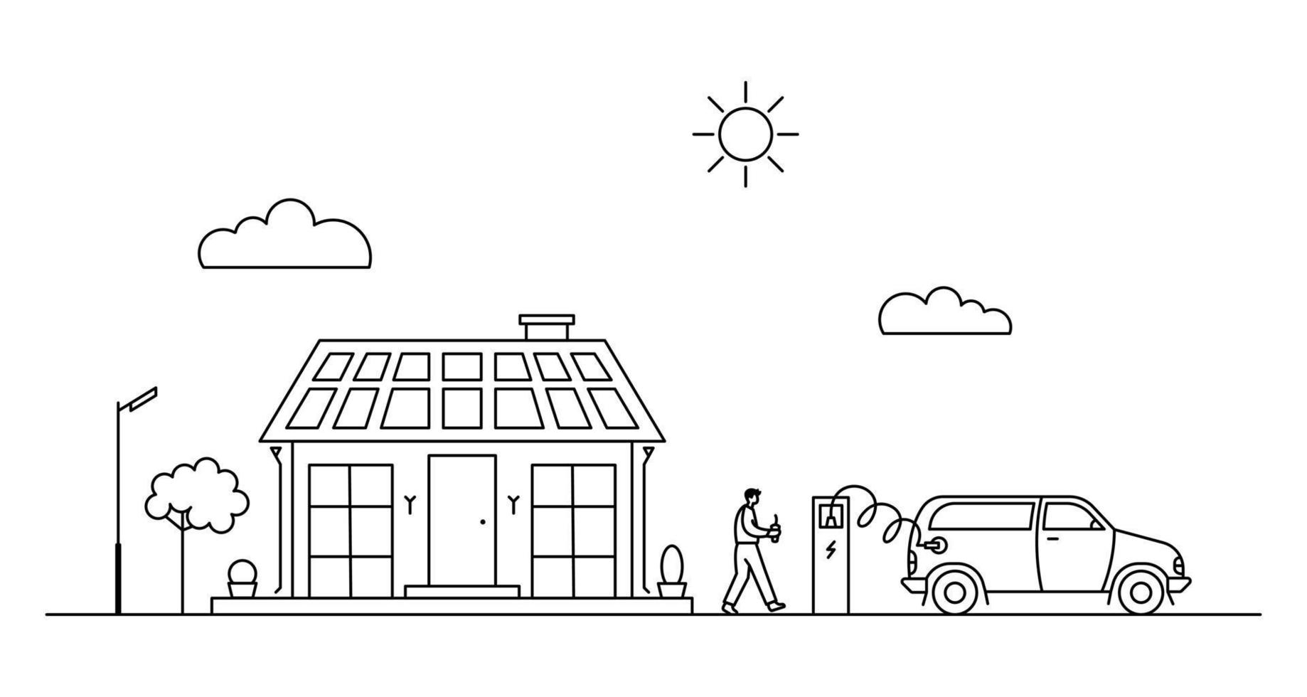 Strichzeichnungen mit vorstädtischem Stadtbild, Mann mit Kaffee und intelligentem Elektroauto beim Aufladen. vektor